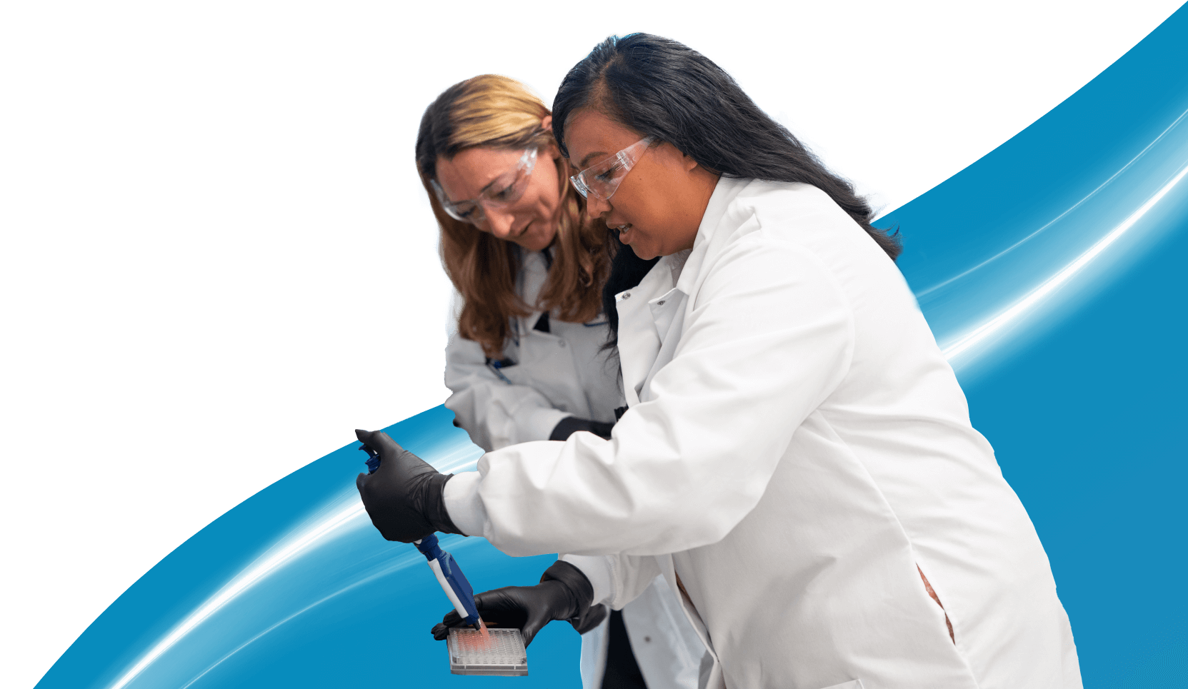 A cut-out image of two scientists wearing goggles, white lab coats, and black gloves. One scientist is pipetting liquid into a tray while the other looks on. They are superimposed on a light blue wave background with a bright light trail.