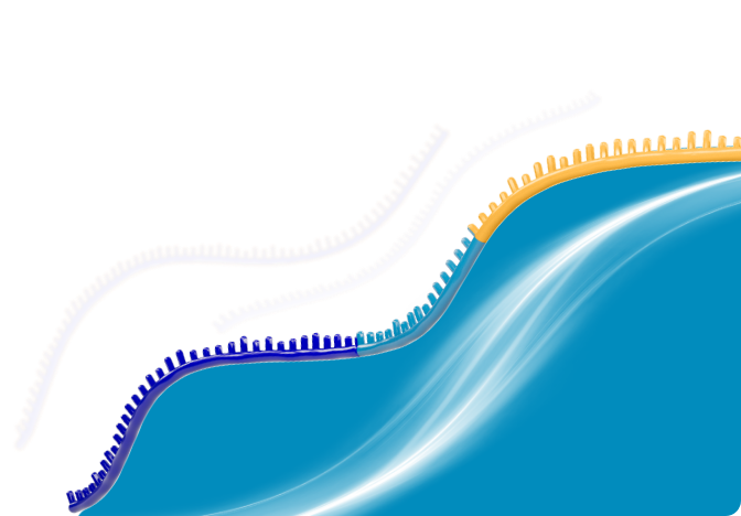 A strand of srRNA floats upwards to the right. Behind it, copied mRNA segments are visible. The background is teal and a white, curved light trail follows the path of the srRNA.