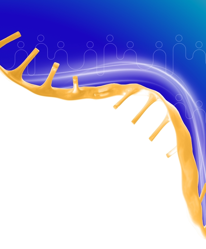 A segment of yellow, single-stranded RNA arcs across the right side of the page. Behind it is a blue-to-teal background overlaid with rows of simple human silhouettes. A bright white light trail animates following the arch of the RNA.